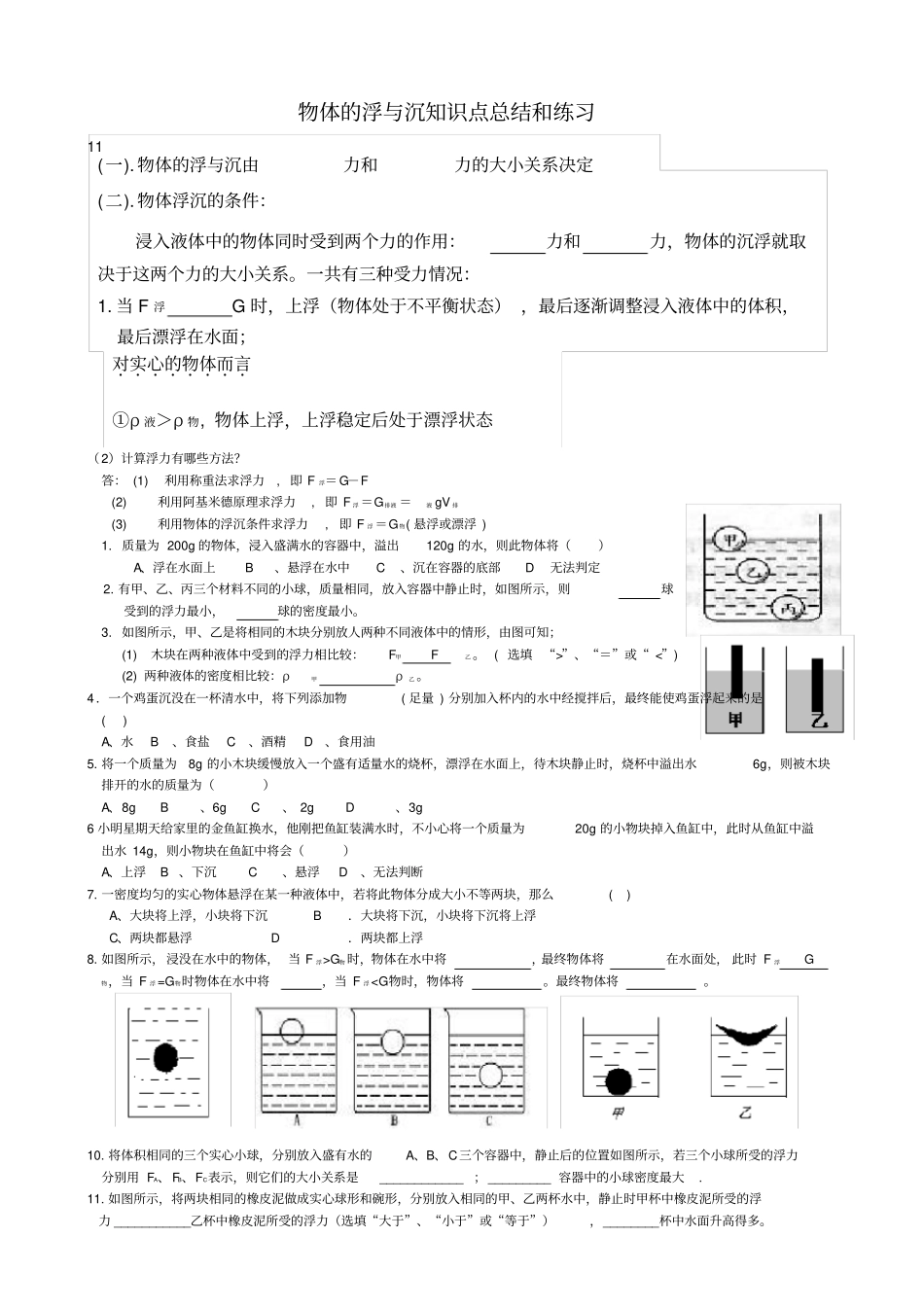 物体的浮与沉知识点总结和练习_第1页