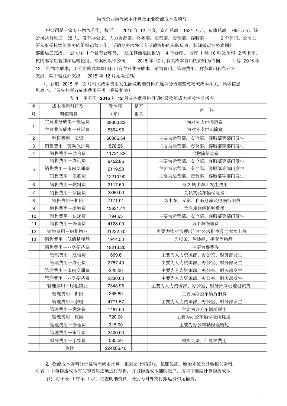 物流企业物流成本计算及企业物流成本表填写资料_第1页