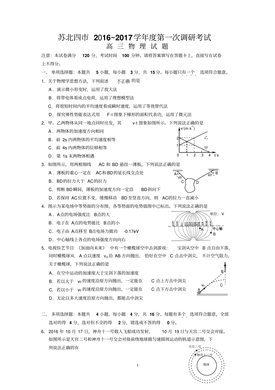 物理江苏苏北四宿、连、徐、盐2017届高三第一次摸底考试物理试卷版含答案汇总_第1页