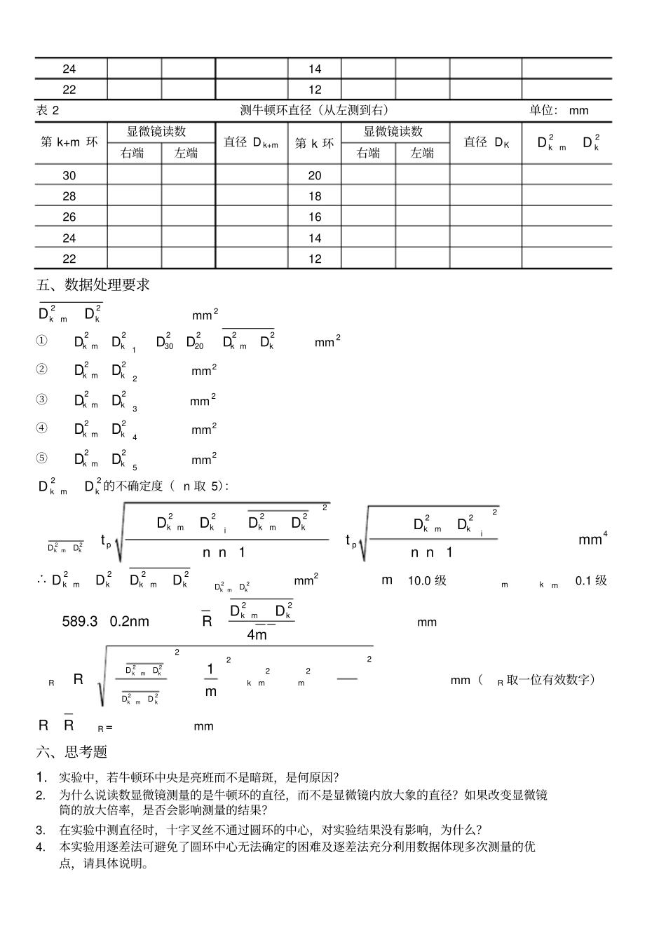 物理试验要求及数据表格试验10牛顿环_第2页