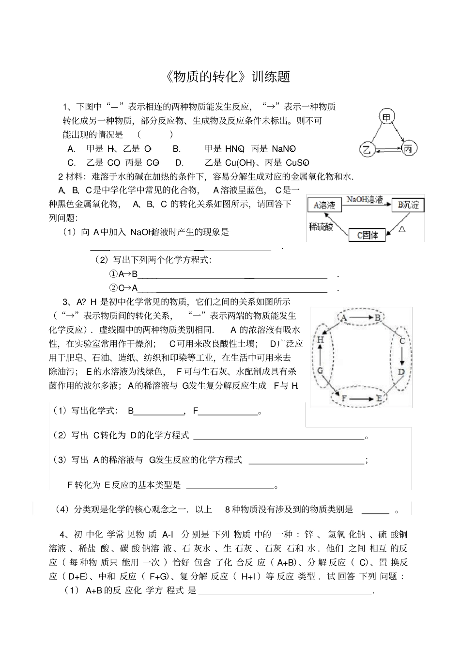 物质的转化训练题_第1页