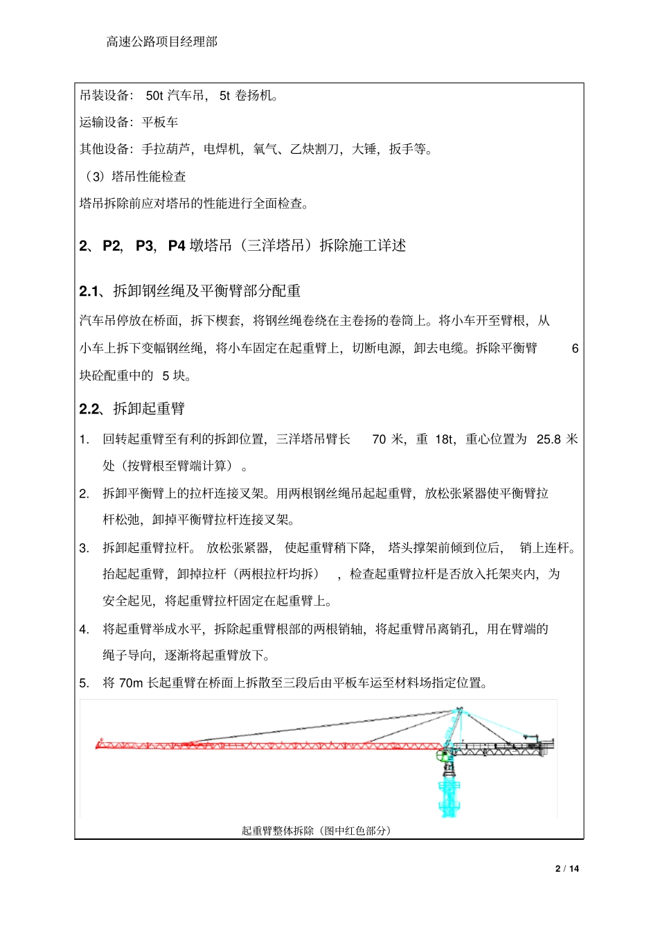 特大桥百米高墩塔吊拆除及扶墙拆除安全技术交底实用型、安全保障法_第2页
