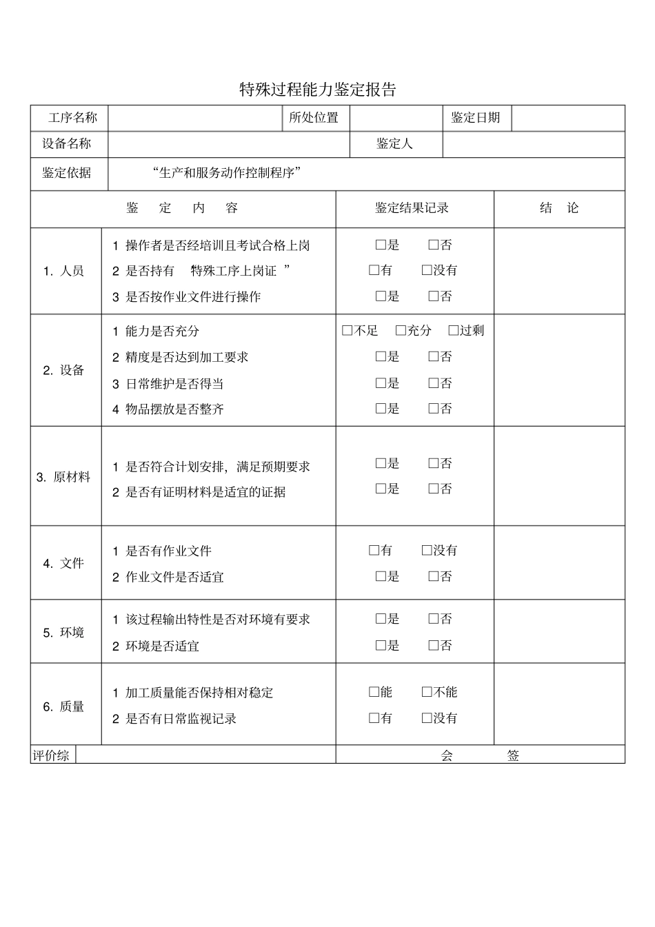 特殊过程能力鉴定报告表格模板、格式_第1页