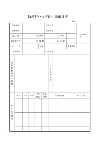 特种行业许可证申请审批表