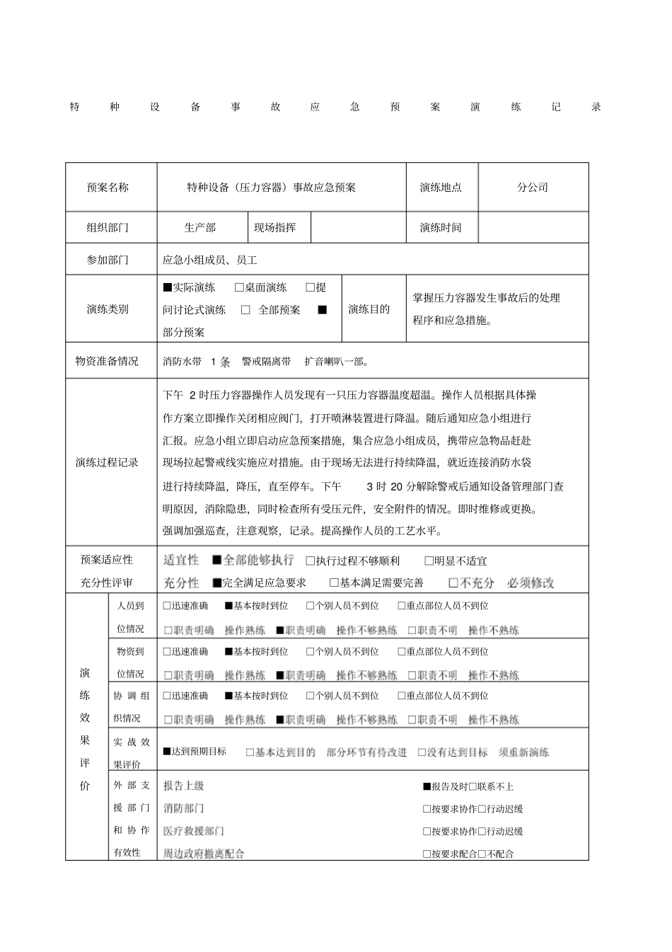 特种设备事故压力容器应急预案演练记录_第1页