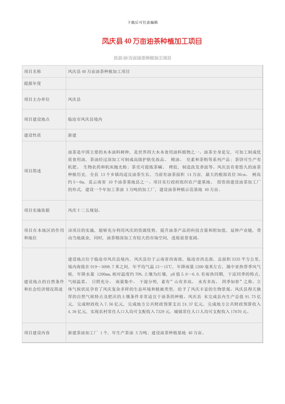 凤庆县万亩油茶种植加工项目模板_第1页