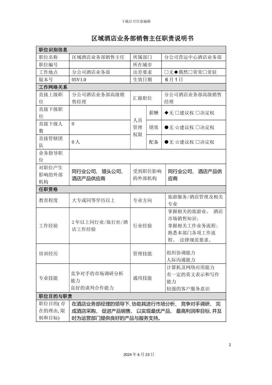 分公司酒店销售主任职责说明书_第2页