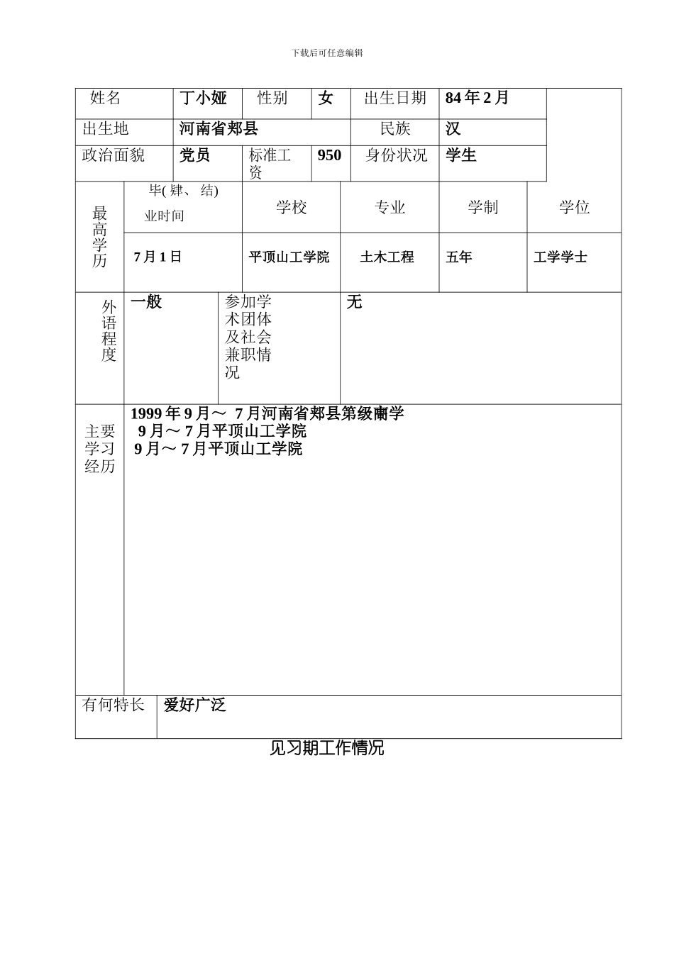 初聘专业技术职务呈报表丁模板_第2页