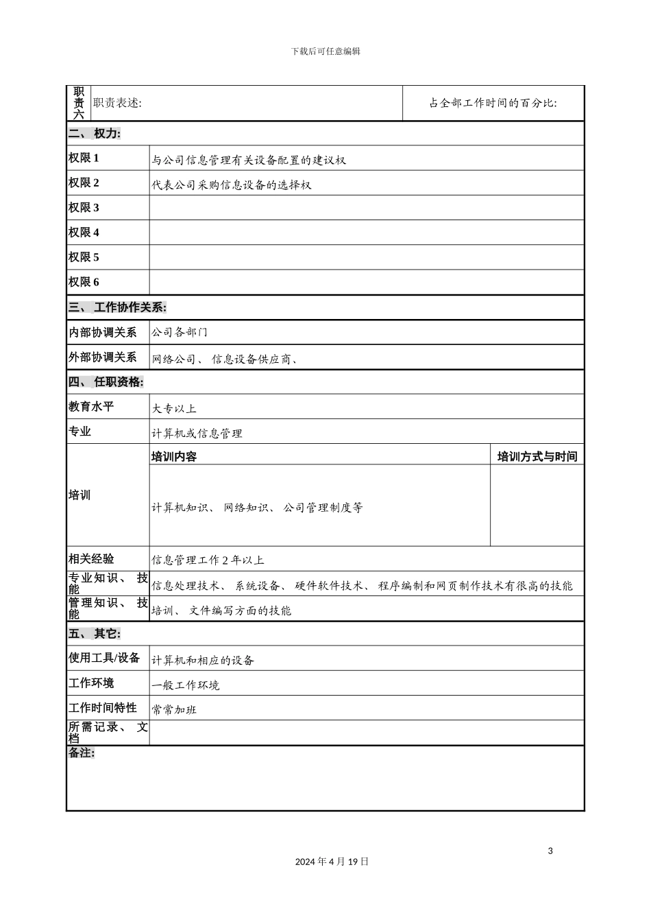 办公室信息管理员岗位说明书_第3页