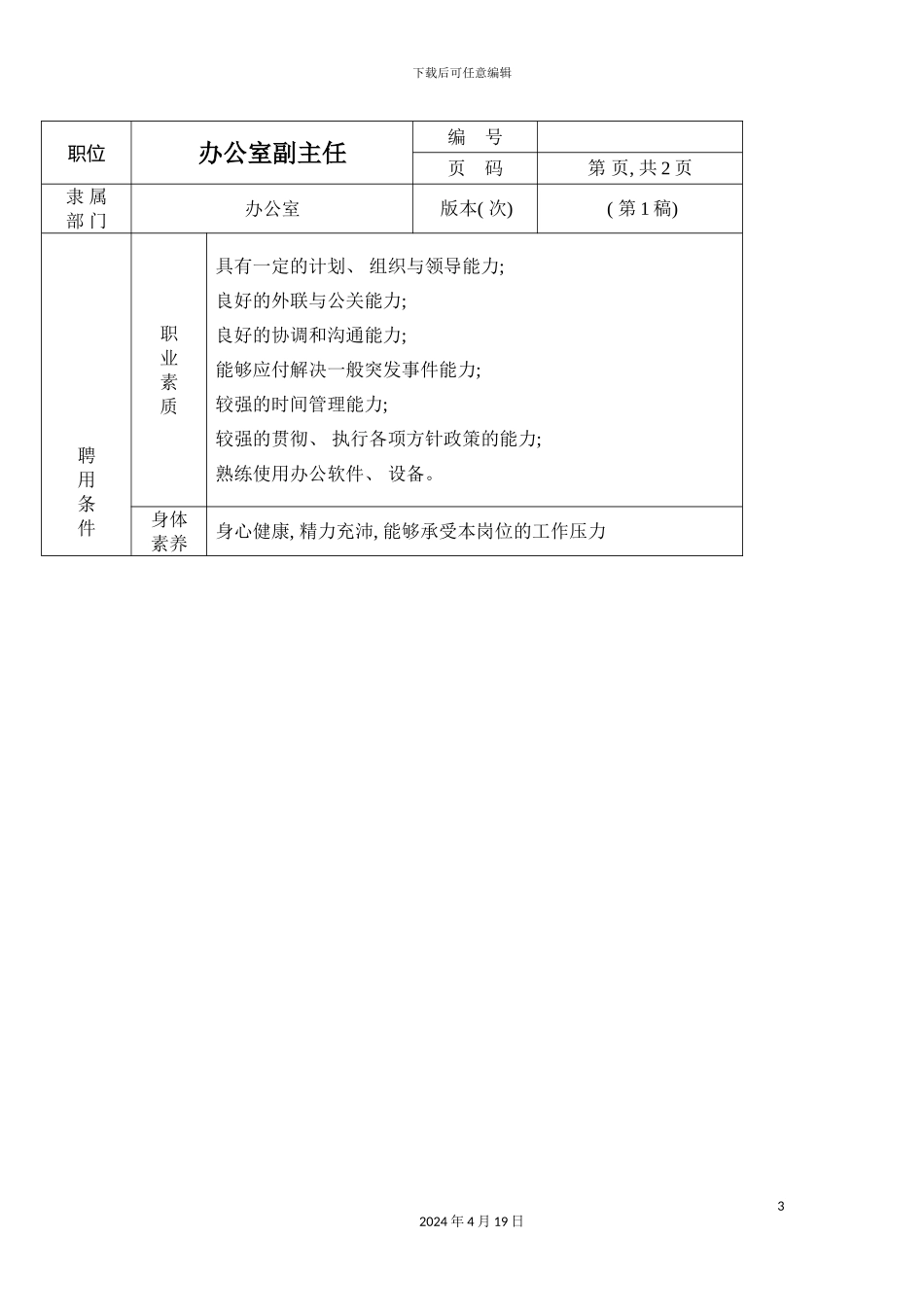 办公室副主任职位说明书_第3页