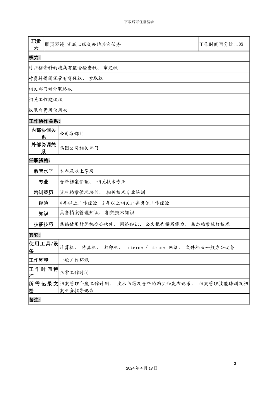 办公室档案主管职务说明书_第3页