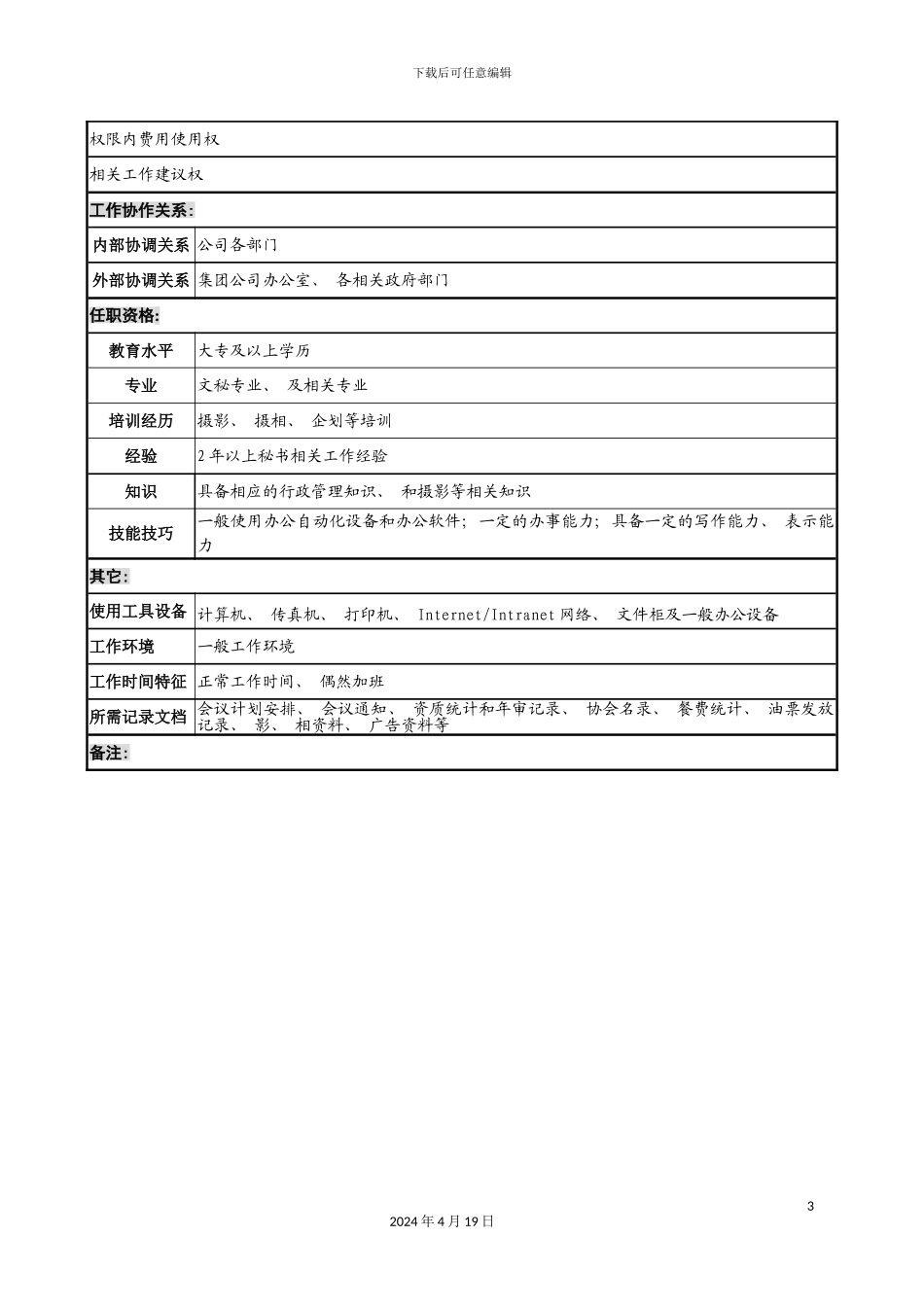 办公室行政秘书职务说明书_第3页