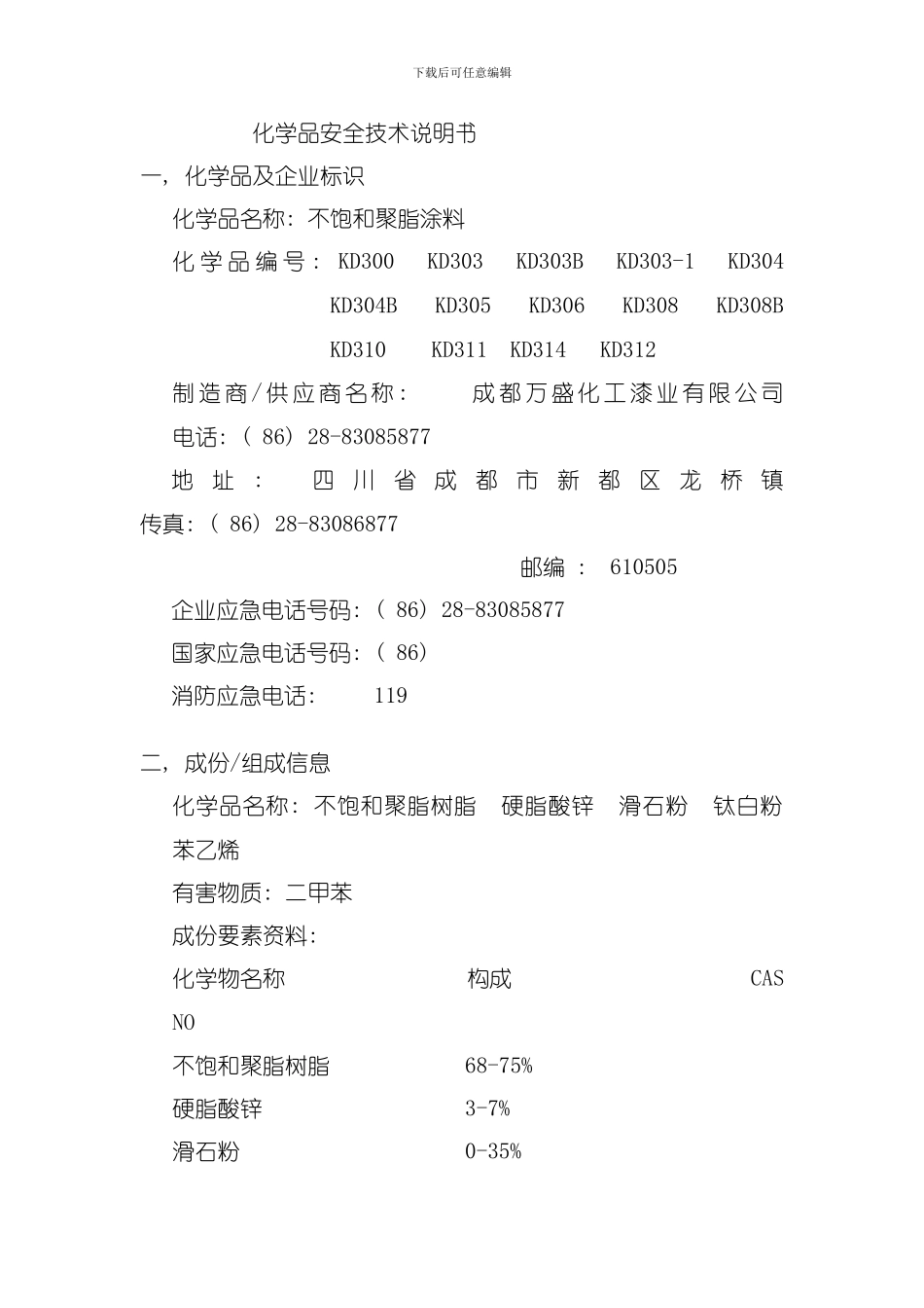 化学品安全技术说明书不饱和聚脂涂料模板_第1页