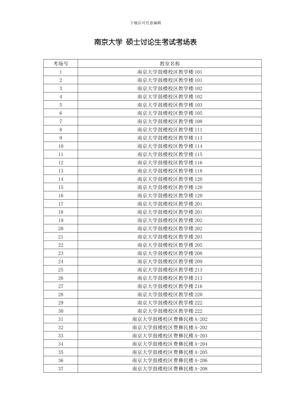 南京大学硕士研究生考试考场表模板_第1页