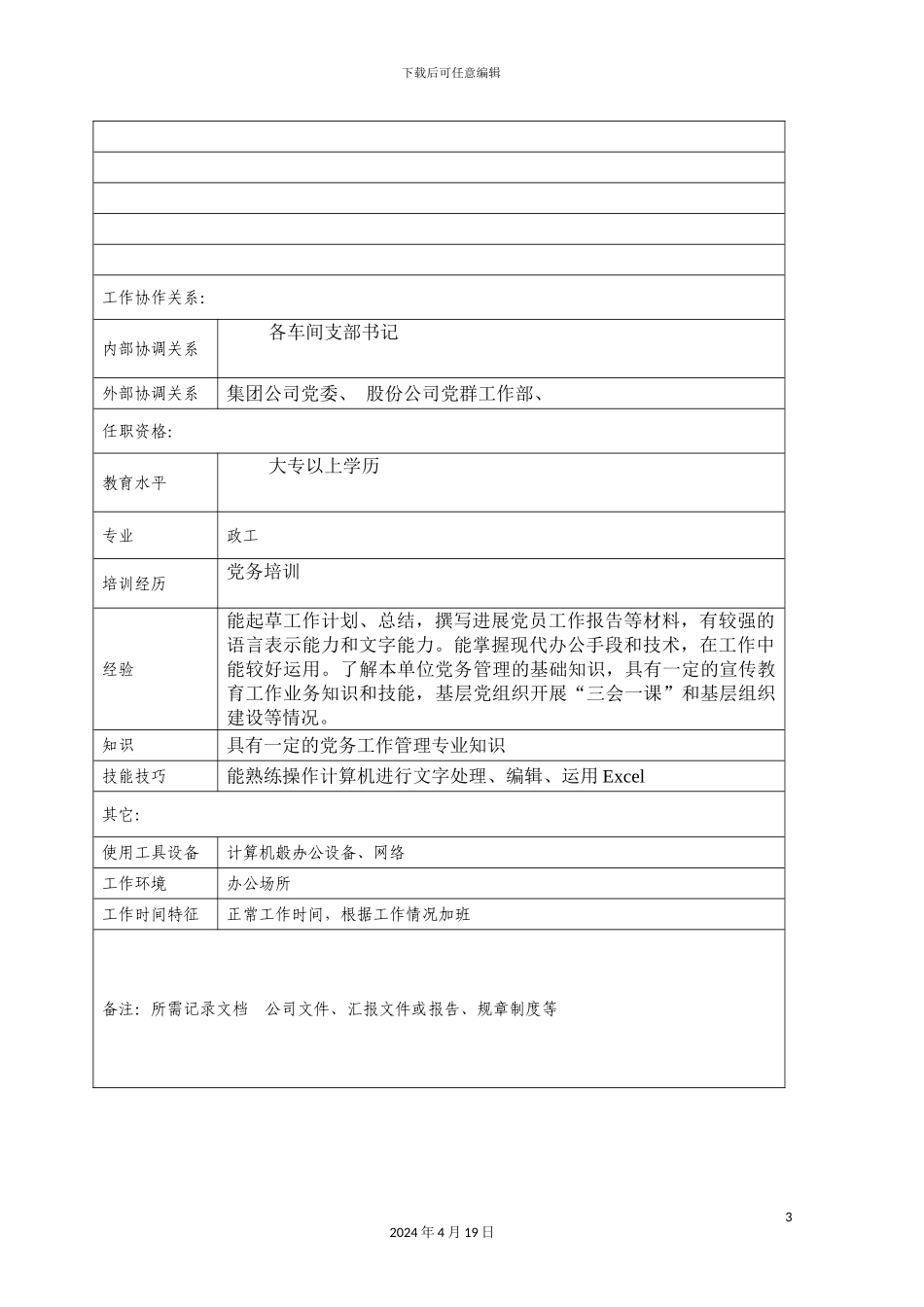 厂党务干事岗位职务说明书_第3页