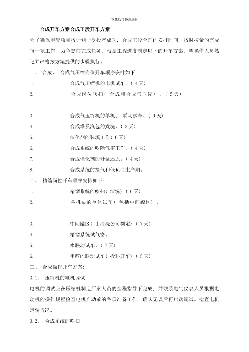 合成开车方案合成工段开车方案样本_第1页