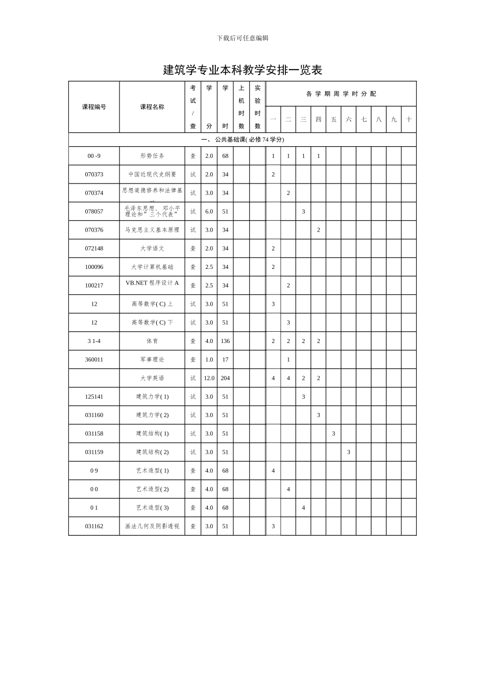 同济大学建筑与城市规划学院本科教学安排一览表模板_第1页