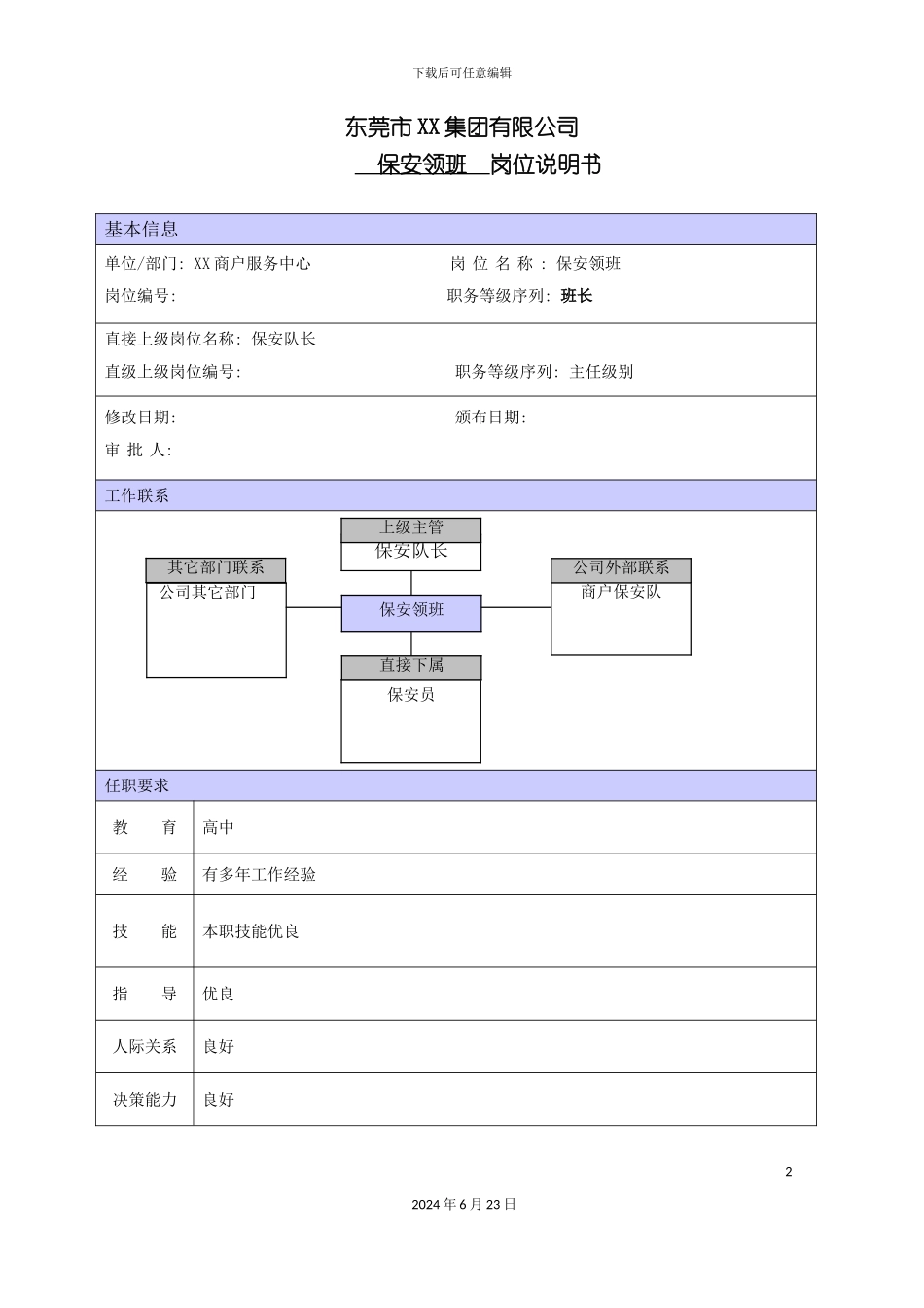 商场保安领班职位说明书_第2页