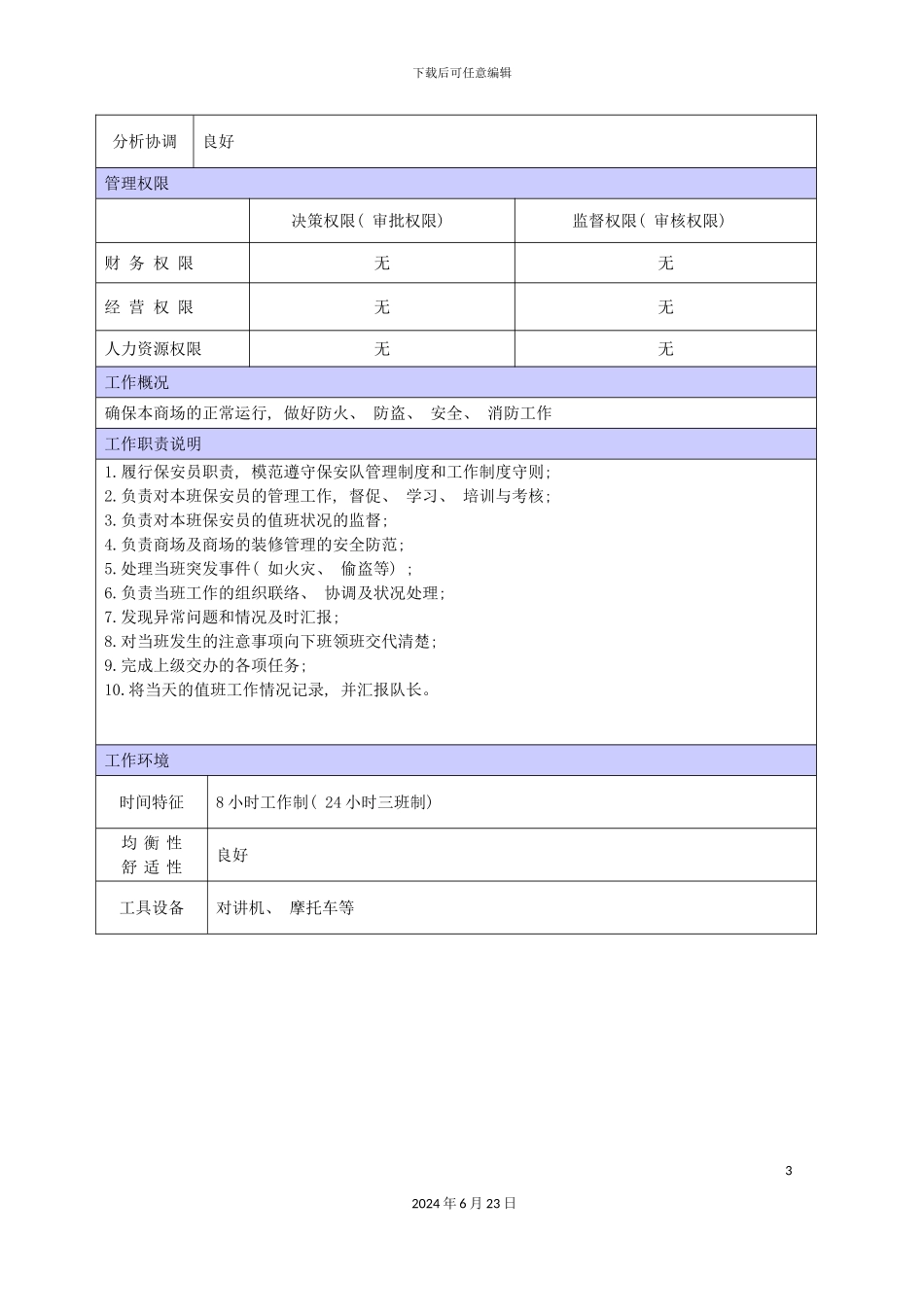 商场保安领班职位说明书_第3页