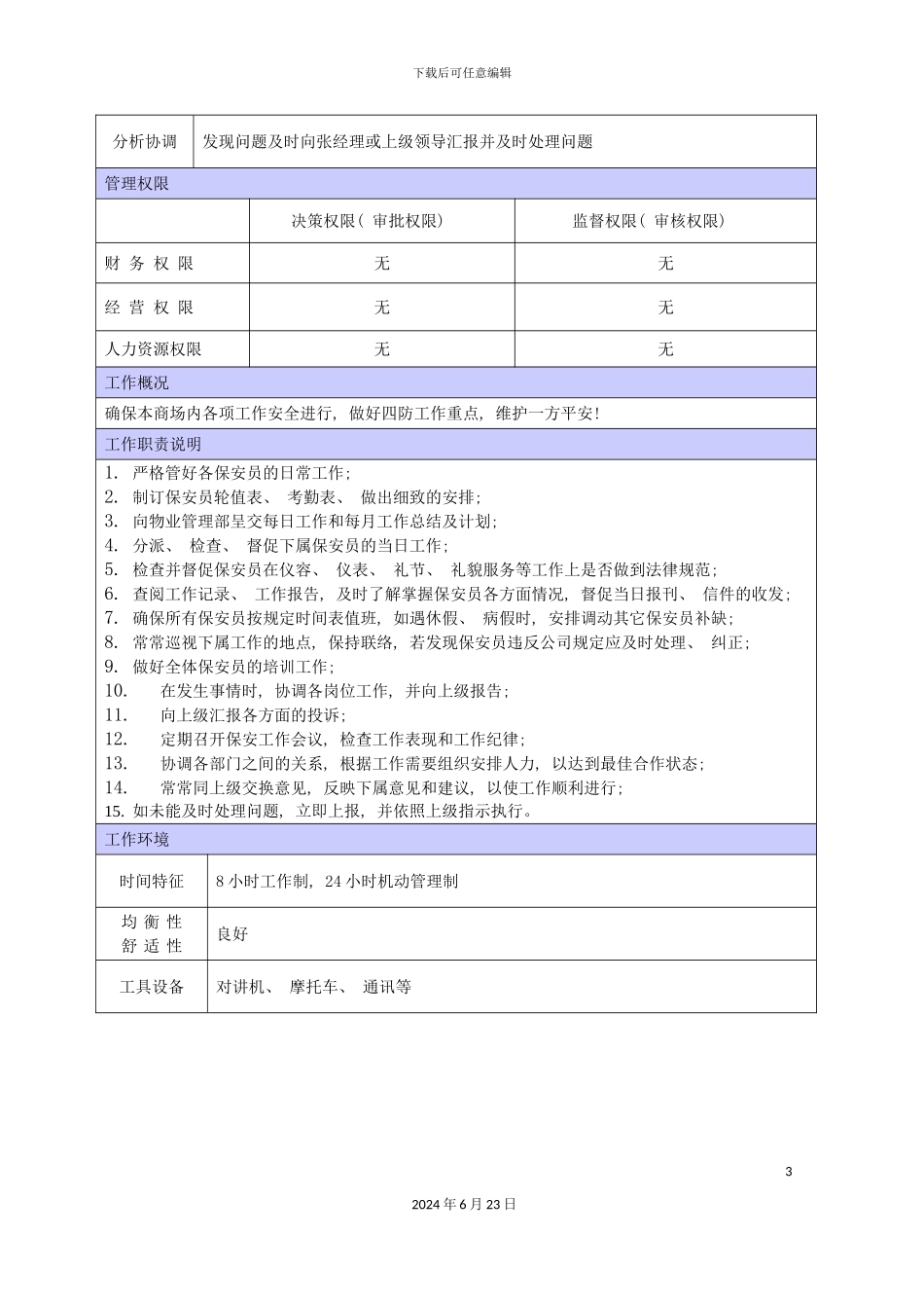 商场保安队长职位说明书_第3页