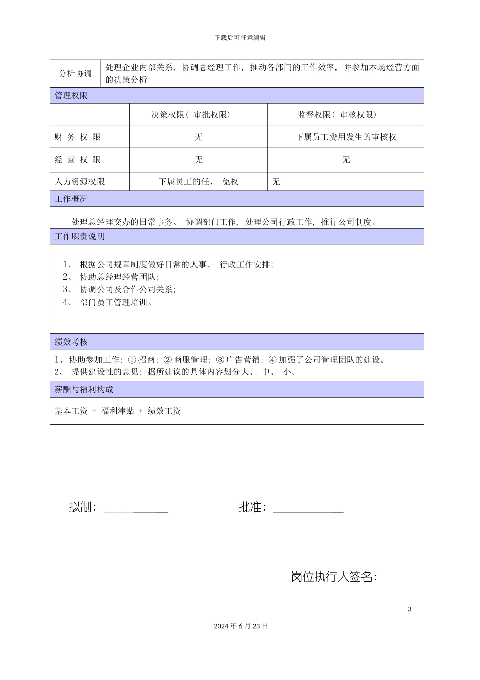 商场总经理助理职位说明书_第3页