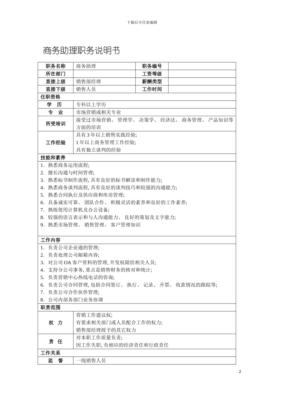 四星级酒店商务助理职务说明书_第2页