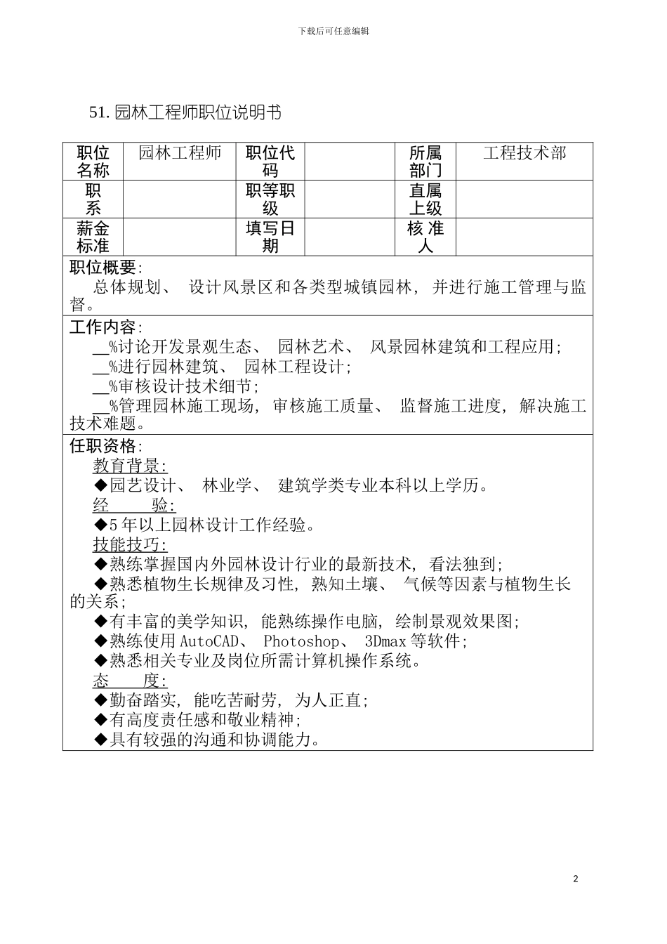 园林工程师职位说明书_第2页
