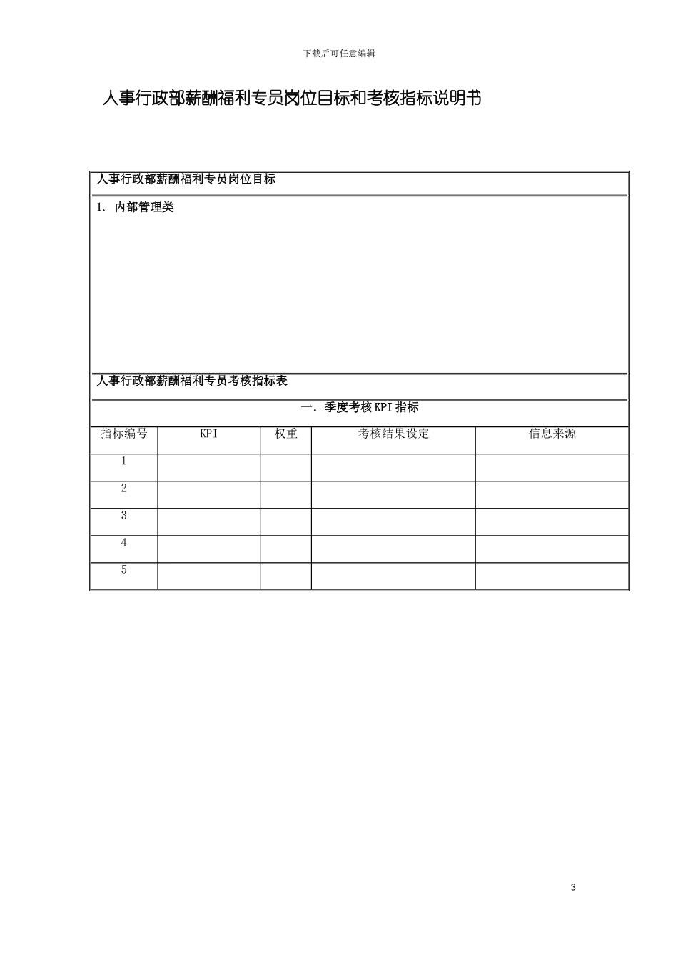 国安创想公司人事行政部薪酬福利专员岗位目标和考核指标说明书_第3页