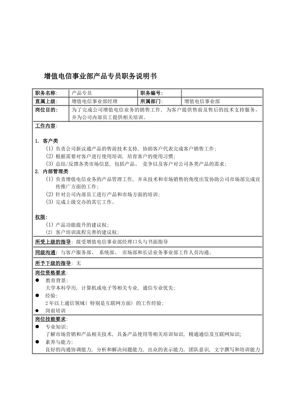 国安创想公司增值电信事业部产品专员职务说明书_第2页