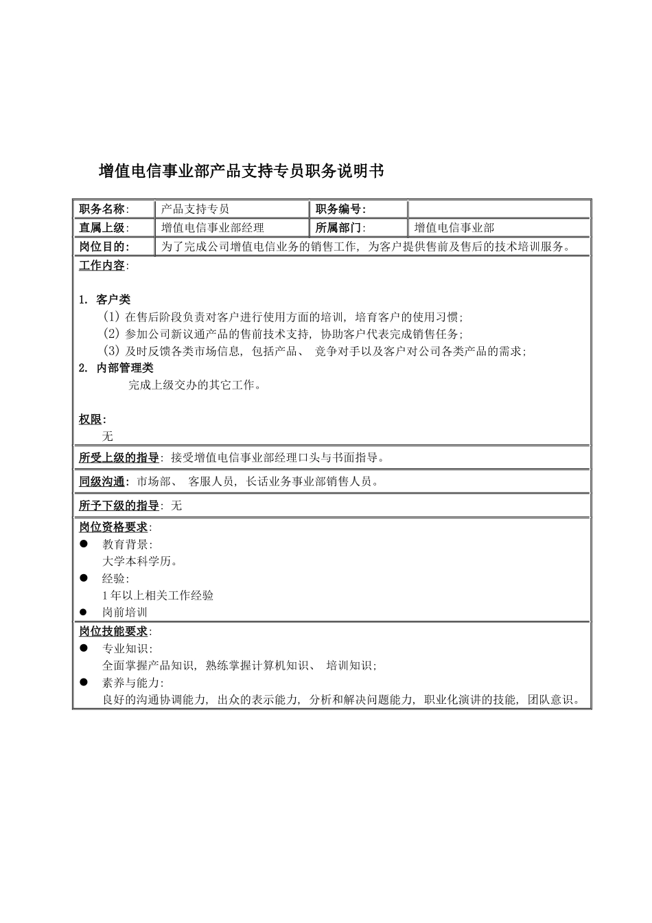 国安创想公司增值电信事业部产品支持专员职务说明书_第2页