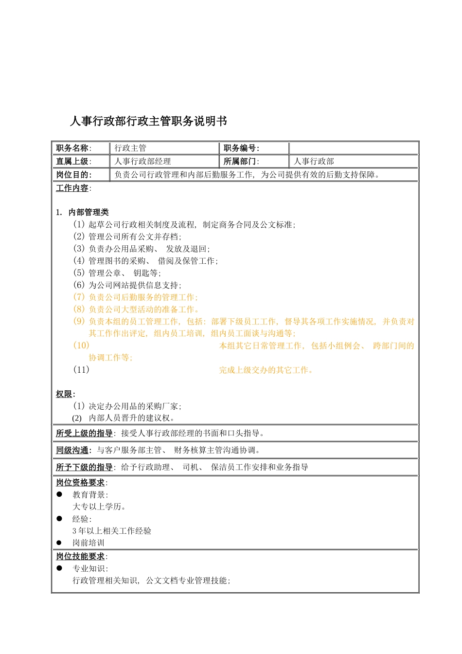 国安创想公司人事行政部行政主管职务说明书_第2页