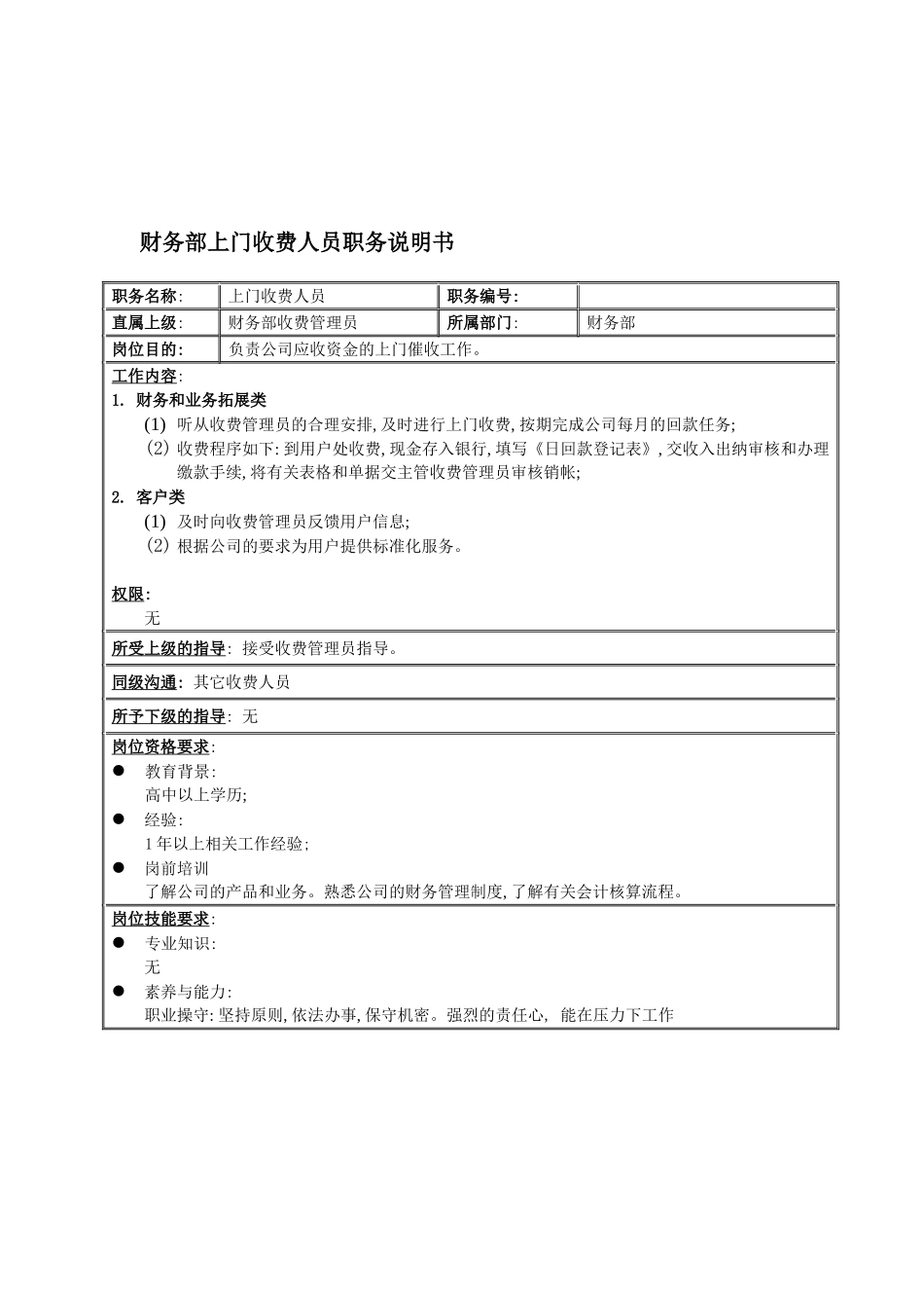 国安创想公司财务部上门收费人员职务说明书_第2页