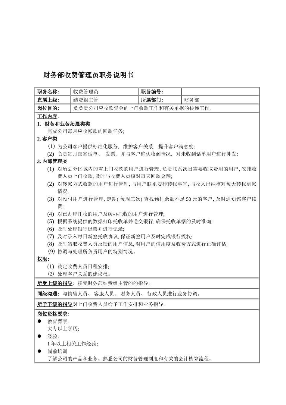 国安创想公司财务部收费管理员职务说明书_第2页