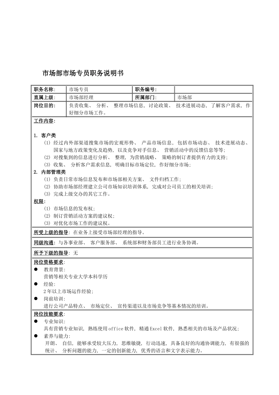 国安创想公司市场部市场专员职务说明书_第2页
