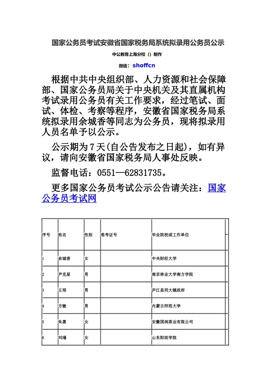 国家公务员考试安徽省国家税务局系统拟录用公务员公示_第2页