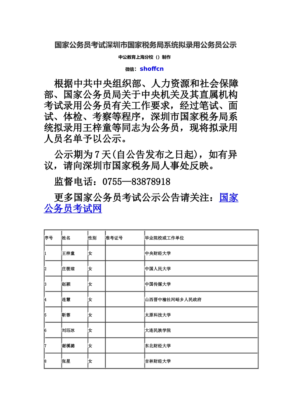 国家公务员考试深圳市国家税务局系统拟录用公务员公示_第2页