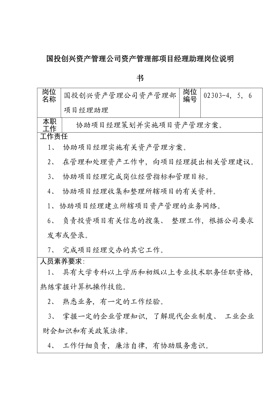 国投创兴资产管理公司资产管理部项目经理助理岗位说明书_第2页