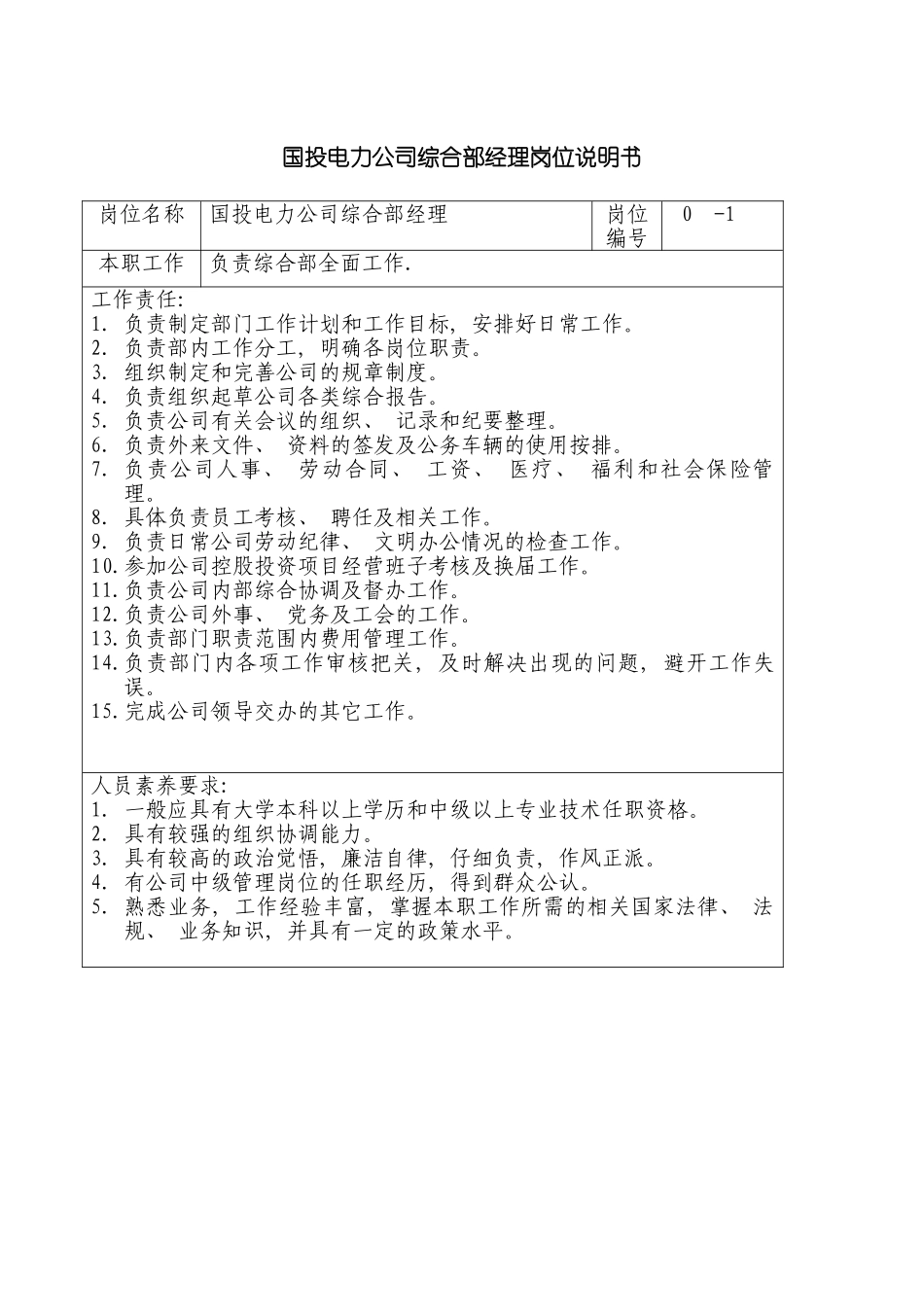 国投电力公司综合部经理岗位说明书_第2页