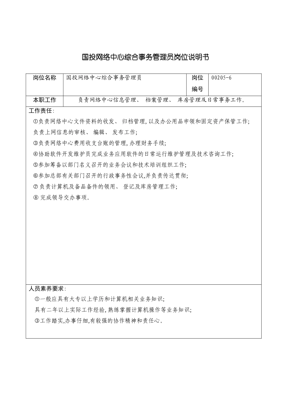国投网络中心综合事务管理员岗位说明书_第2页