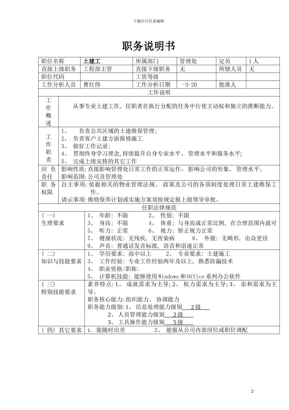 土建工职务说明书_第2页