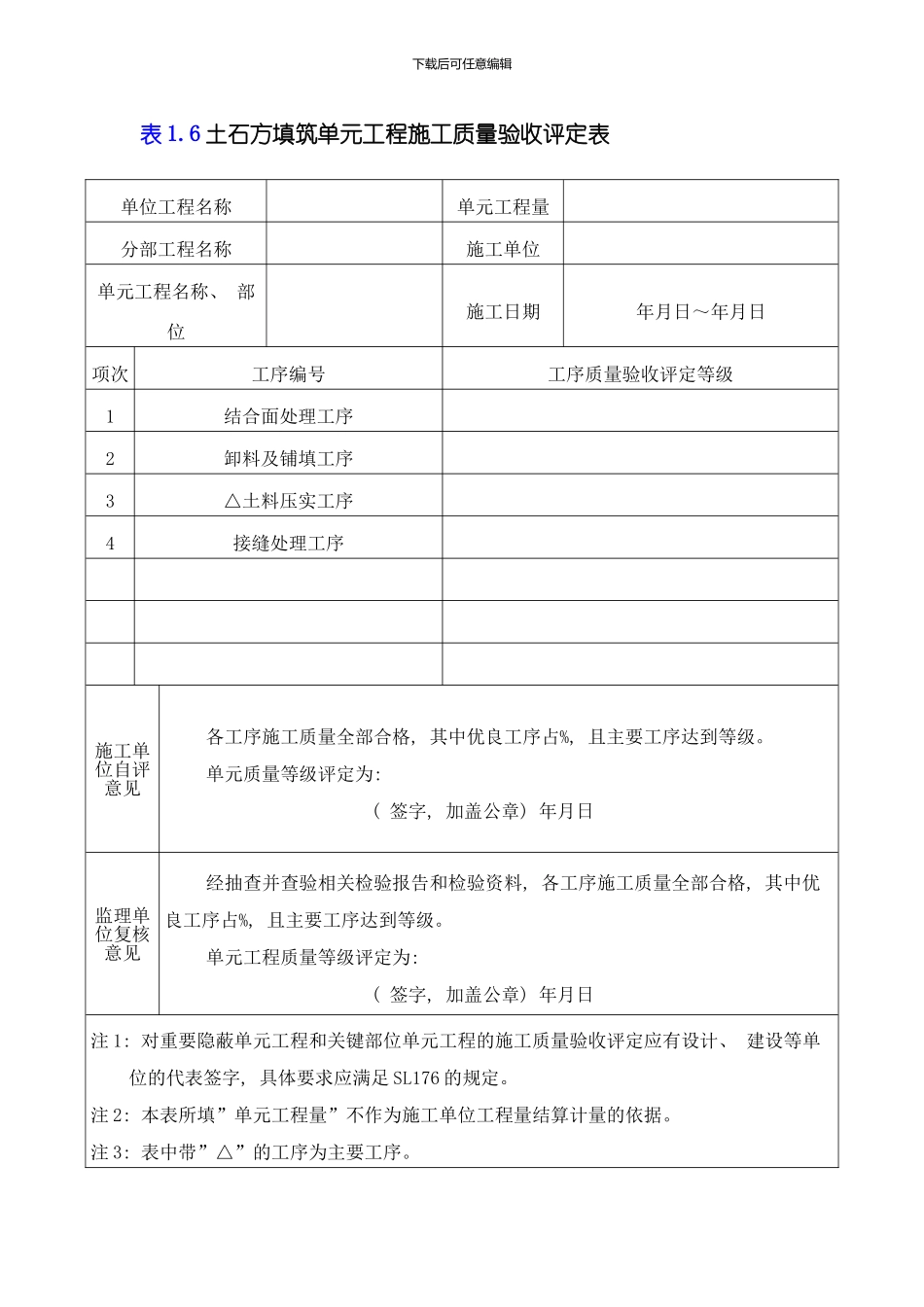 土石方填筑工序施工质量及单元工程施工质量验收评定表模板_第1页