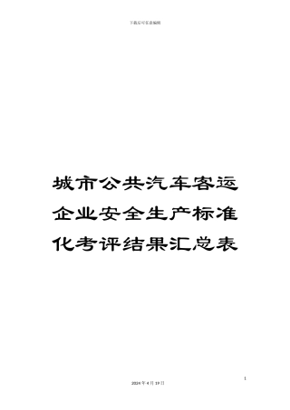 城市公共汽车客运企业安全生产标准化考评结果汇总表