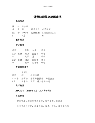 外贸助理英文简历表格