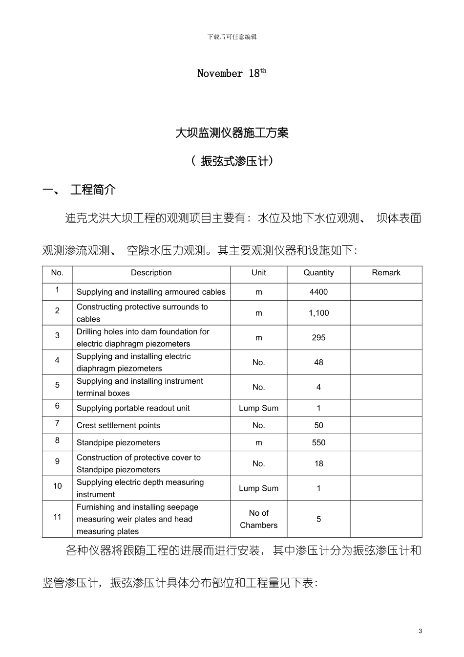 大坝监测仪器施工方案振弦渗压计模板_第3页