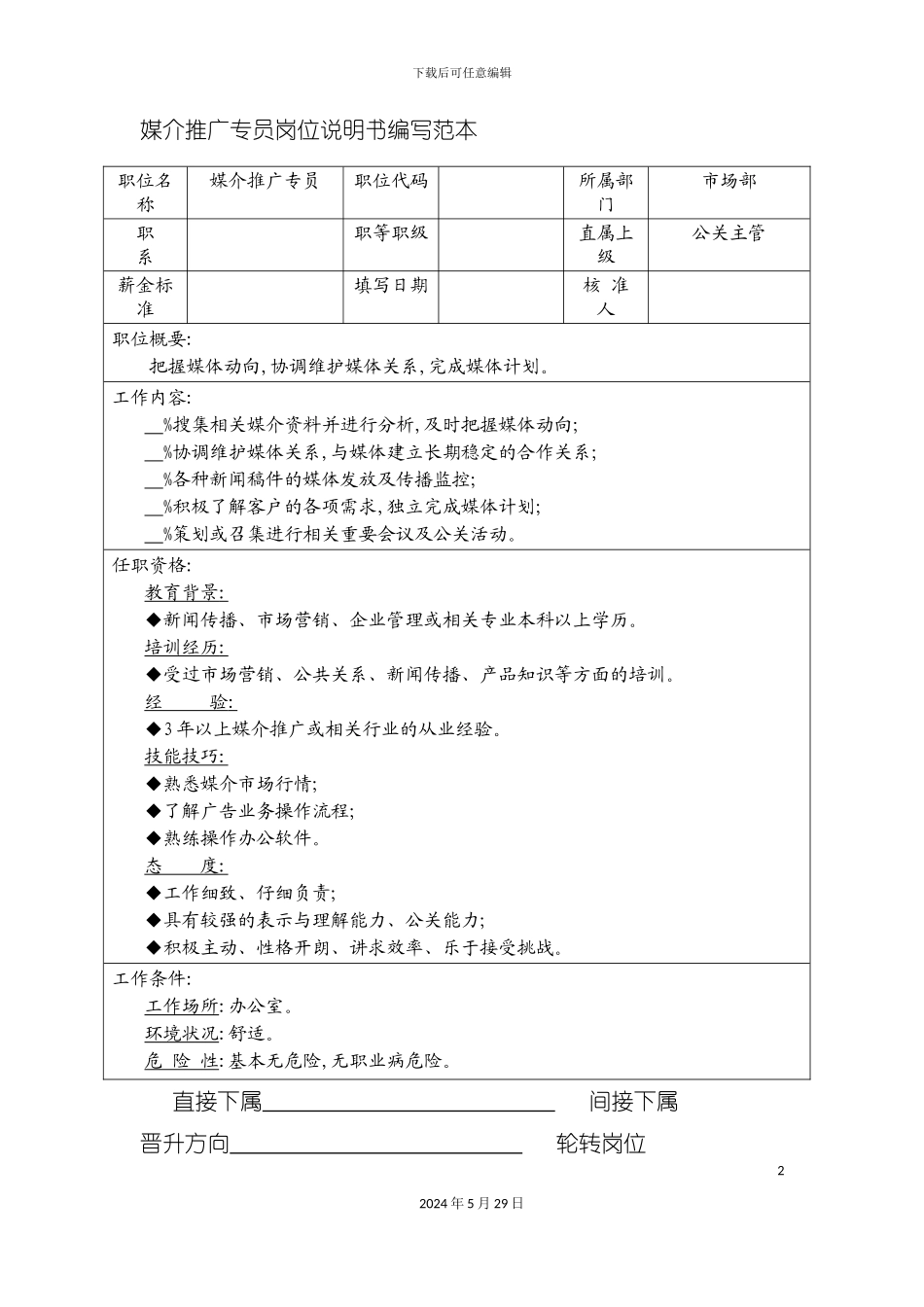 媒介推广专员岗位说明书编写范本._第2页
