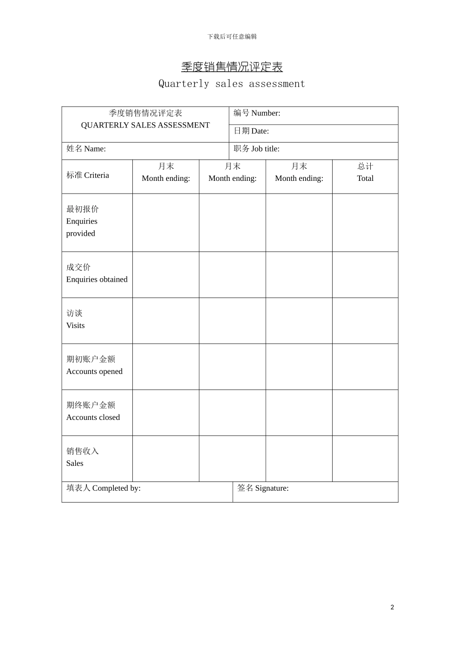 季度销售情况评定表模板_第2页