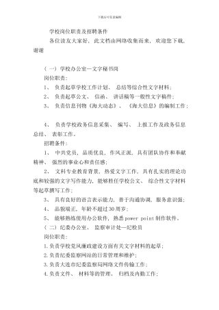 学校岗位职责及招聘条件样本