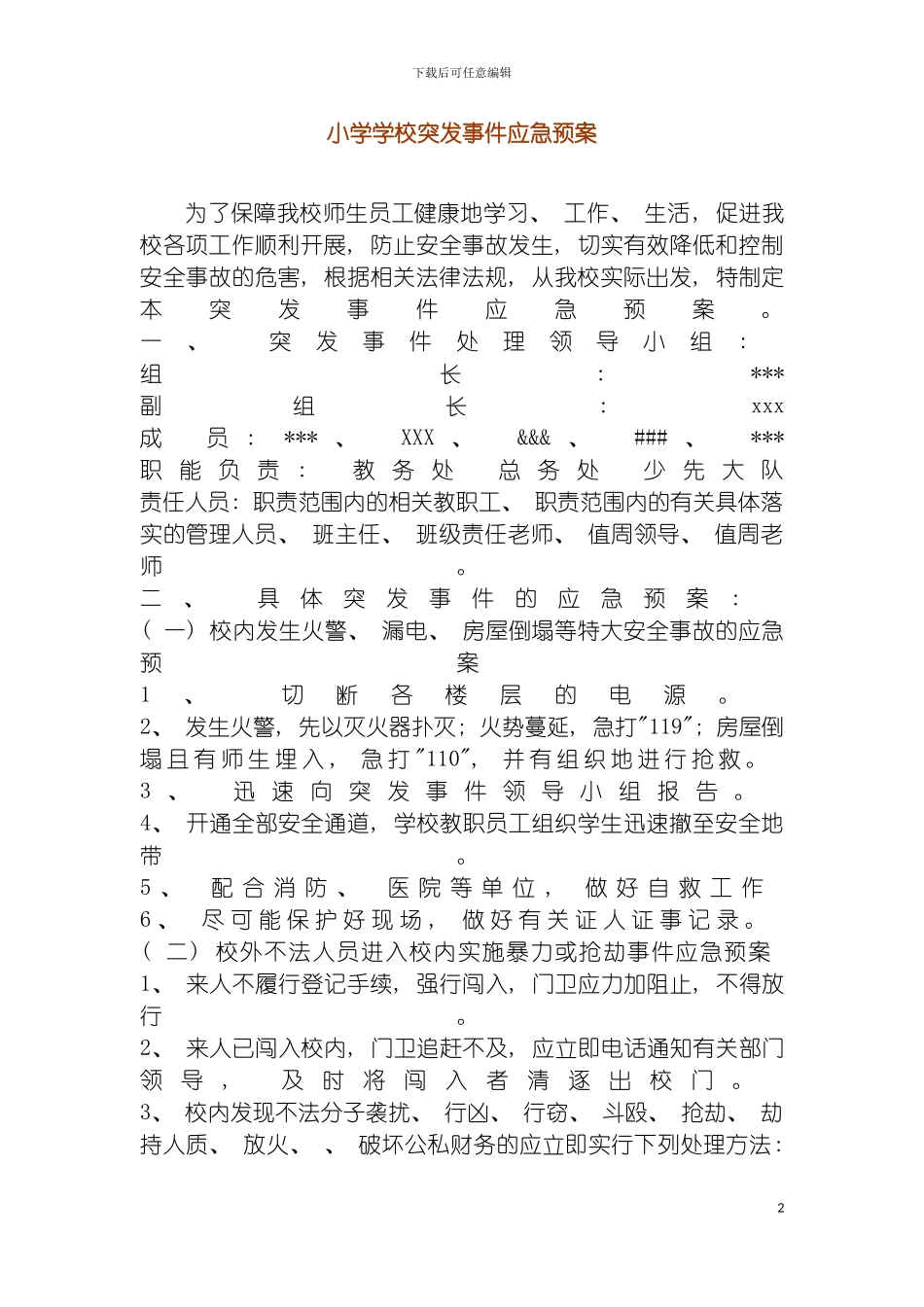 学校突发事件应急预案模板_第2页