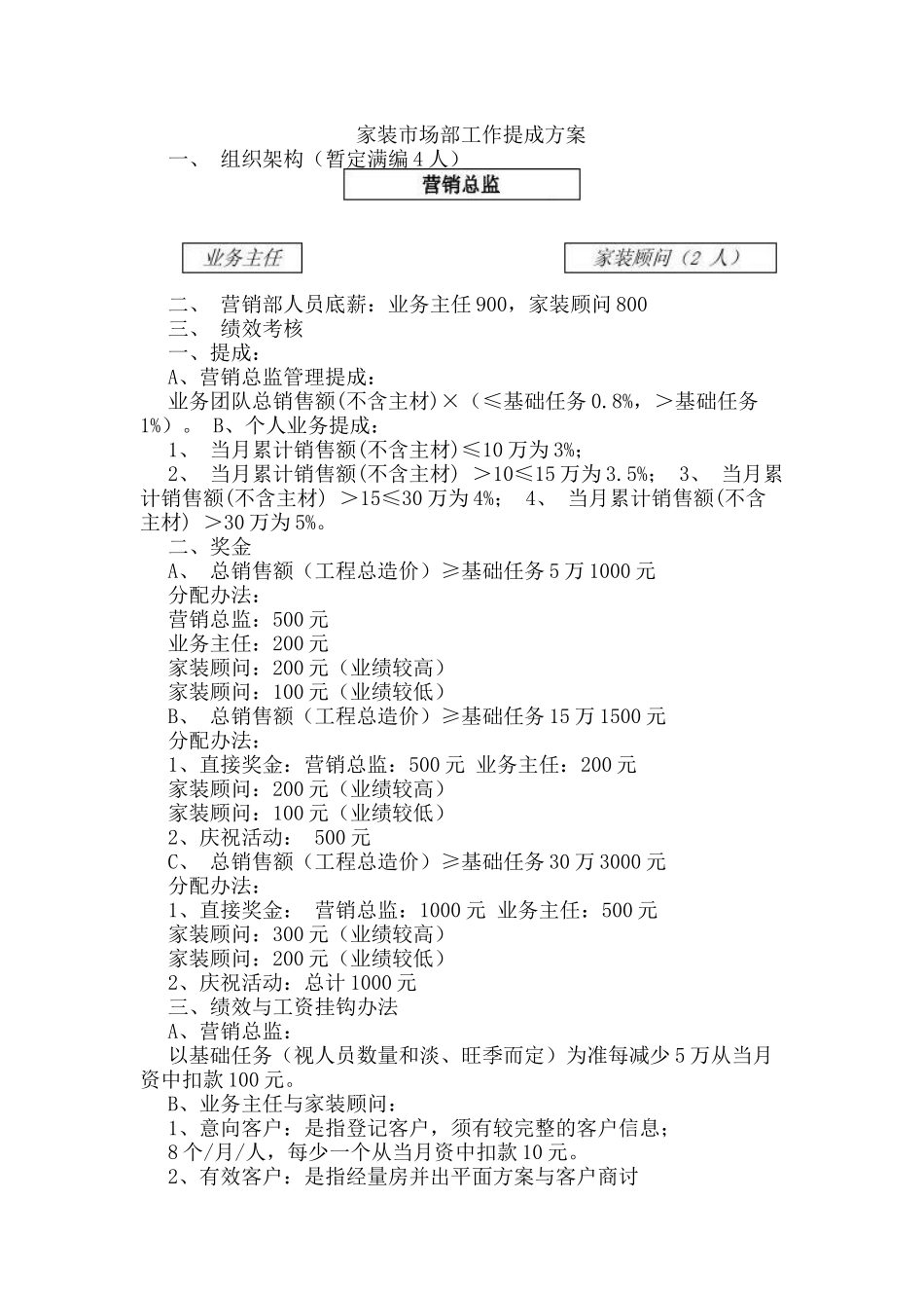 家装市场部工作提成方案_第1页