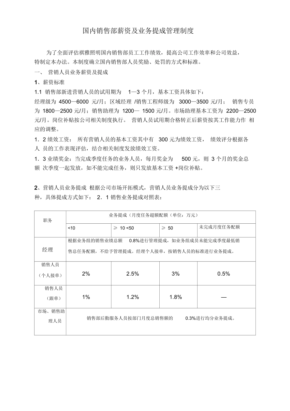 某某照明国内销售部薪资及业务提成管理制度_第1页